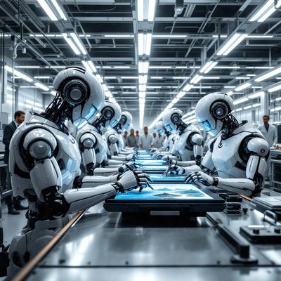 The primary subject of the image is a group of white robots, which are lined up in a factory-like setting. They are working together, possibly assembling or manufacturing something. The setting is a large room with a long table, where the robots are positioned. The visual style of the image is a combination of photo and digital art, creating a futuristic and industrial atmosphere. The dominant colors in the image are white and gray, which contribute to the overall mood of the scene.
